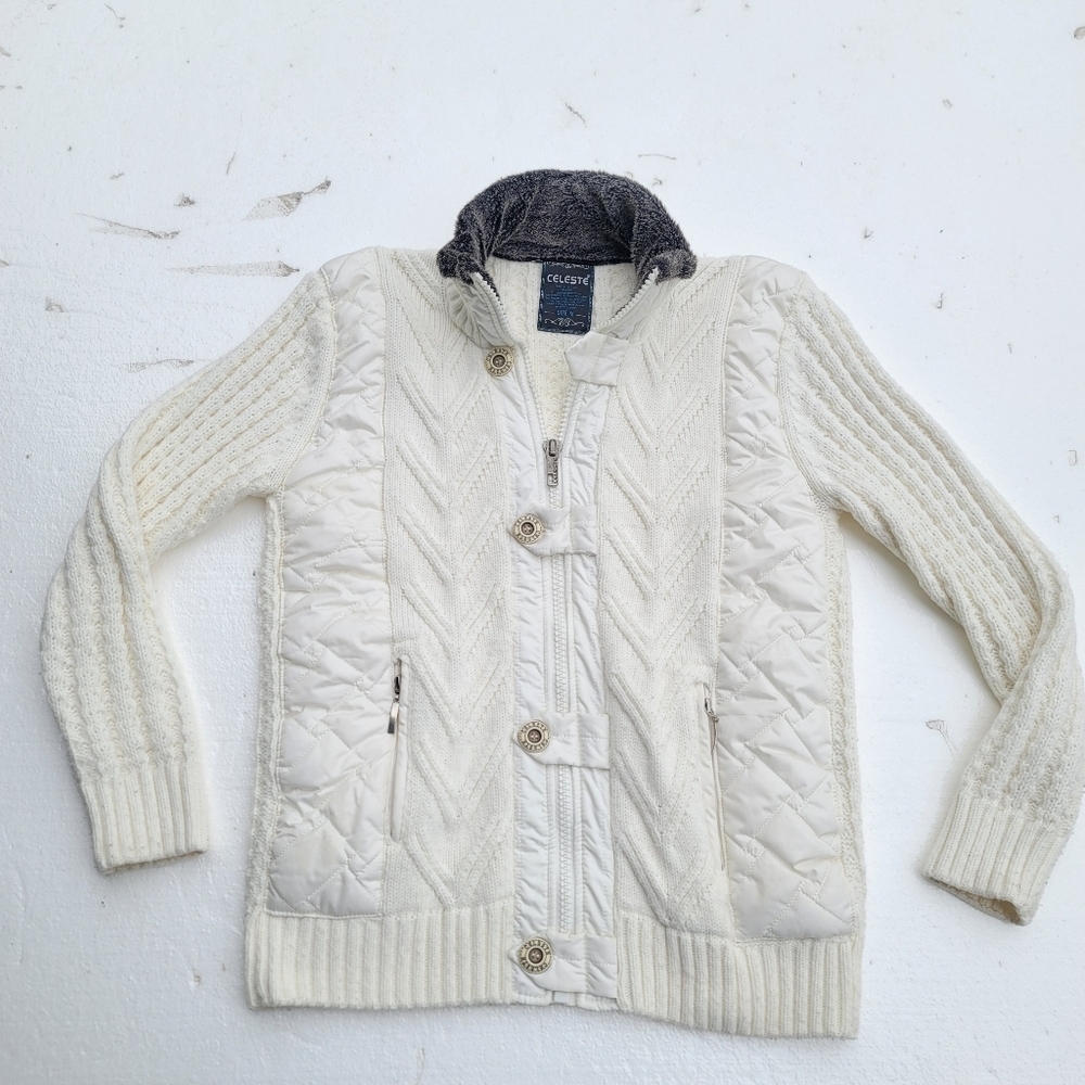 Ivory Knit Warm Zip front Cardigan Sweater Men's 100% Wool Cable Knit Jacket M